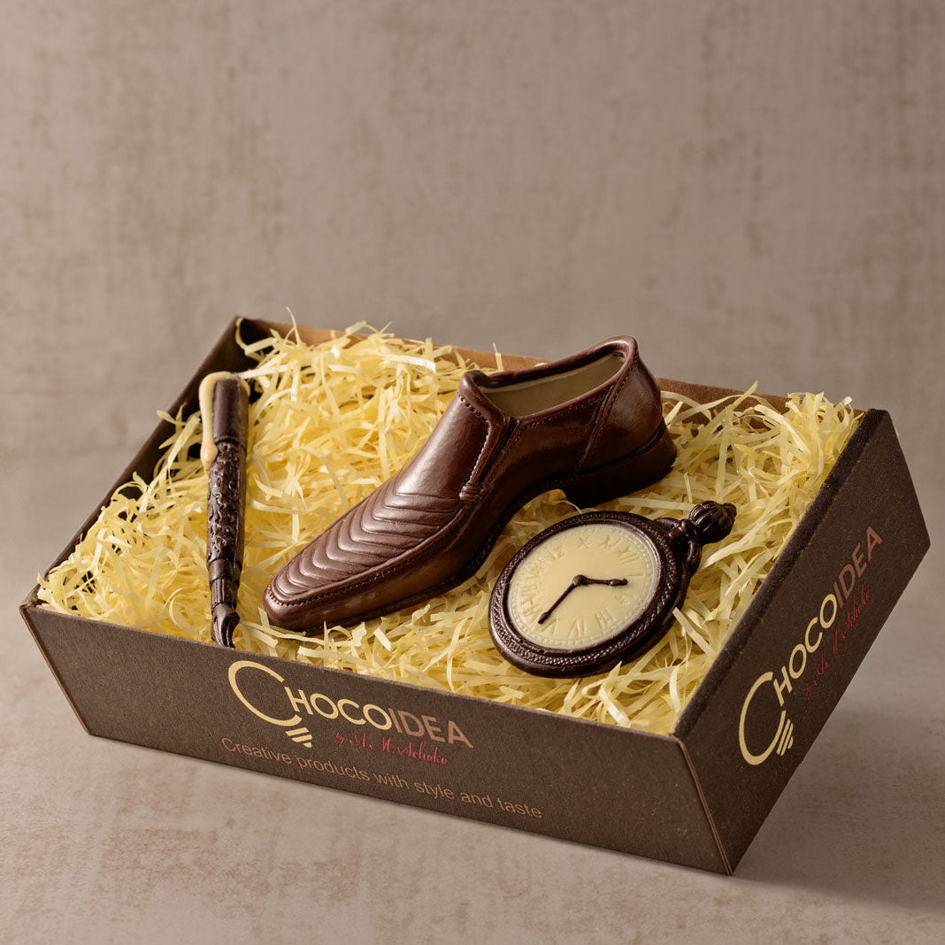 Geschenkset-aus-schokolade-schuhmann-elegant-uhr-füller-aus-zartbitter-schokolade